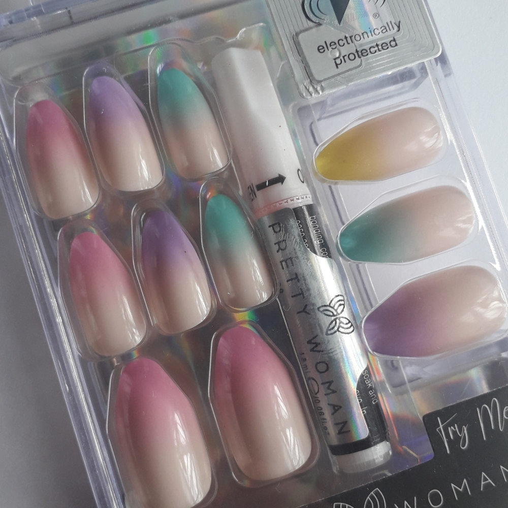 Nails | Ombre pink, teal, purple,yellow almond shape nails easter themed